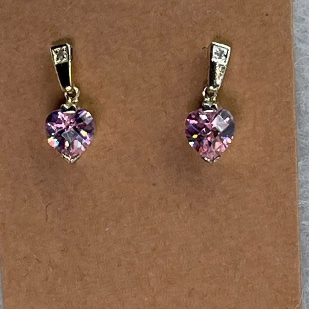 Sterling silver gold dipped Pink Heart CZ pierced earrings.